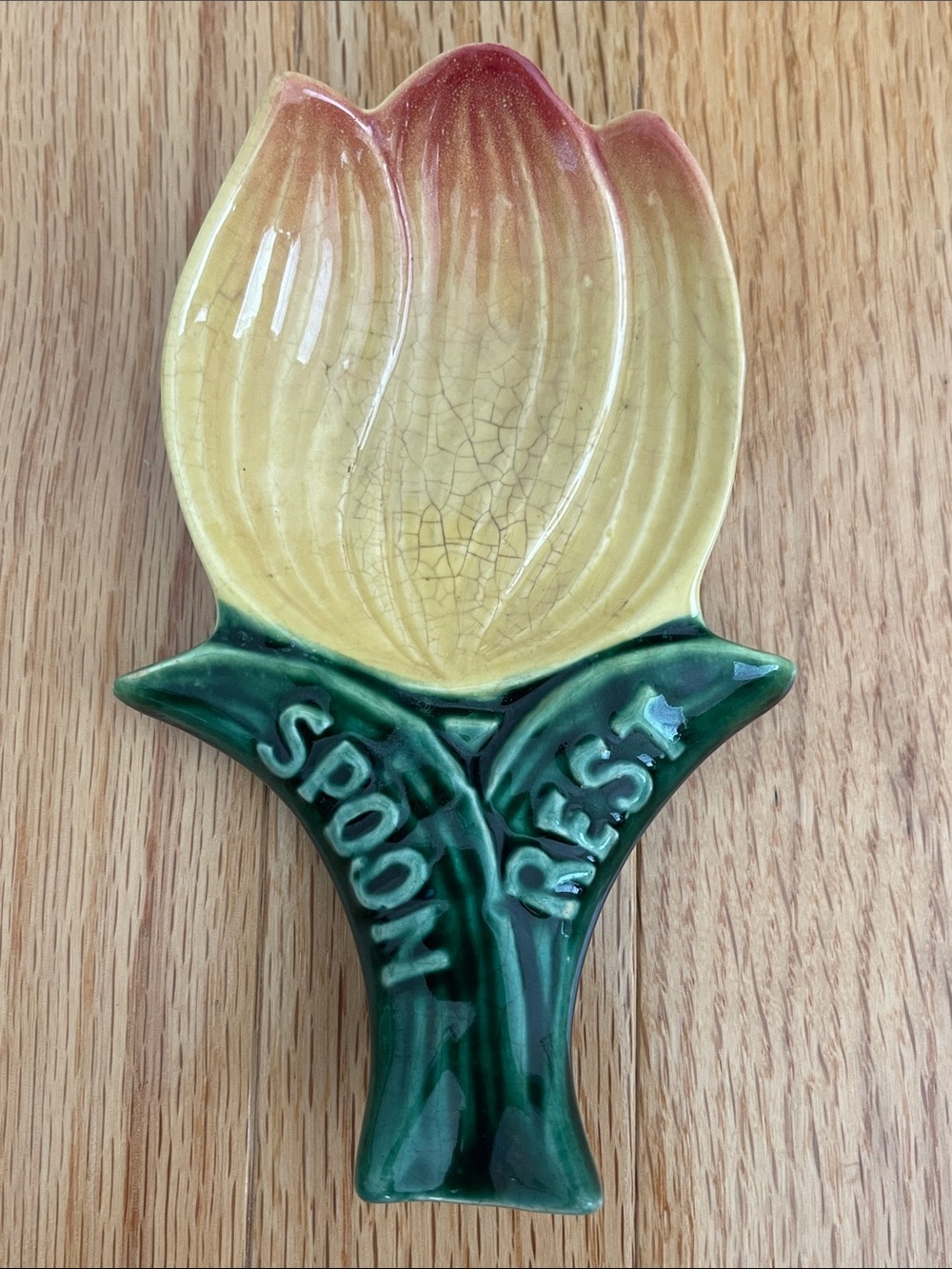 Vintage Dutch Tulip Ceramic Spoon Rest Yellow & Green Crazed Glaze Circa 1951